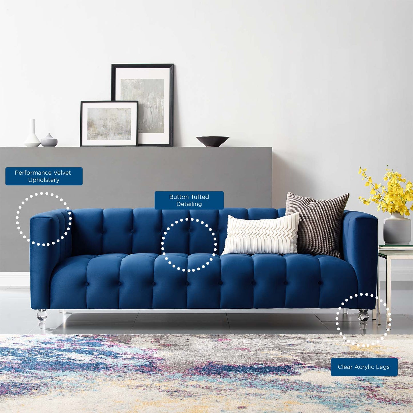 Mesmer Channel Tufted Button Performance Velvet Sofa, Velvet, Blue Navy, 18666