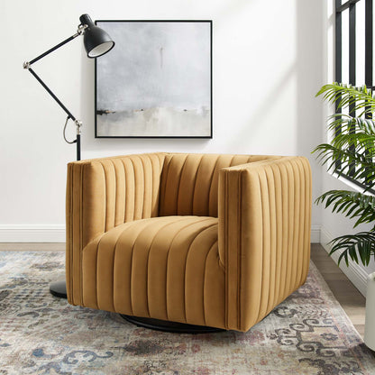 Conjure Channel Tufted Performance Velvet Swivel Armchair, Velvet, Brown, 18667