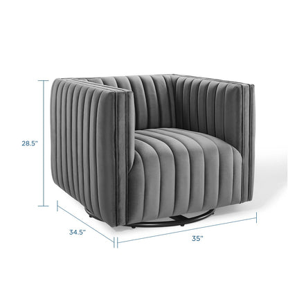 Conjure Channel Tufted Performance Velvet Swivel Armchair, Velvet, Grey Gray, 18669