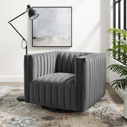 Conjure Channel Tufted Performance Velvet Swivel Armchair, Velvet, Grey Gray, 18669