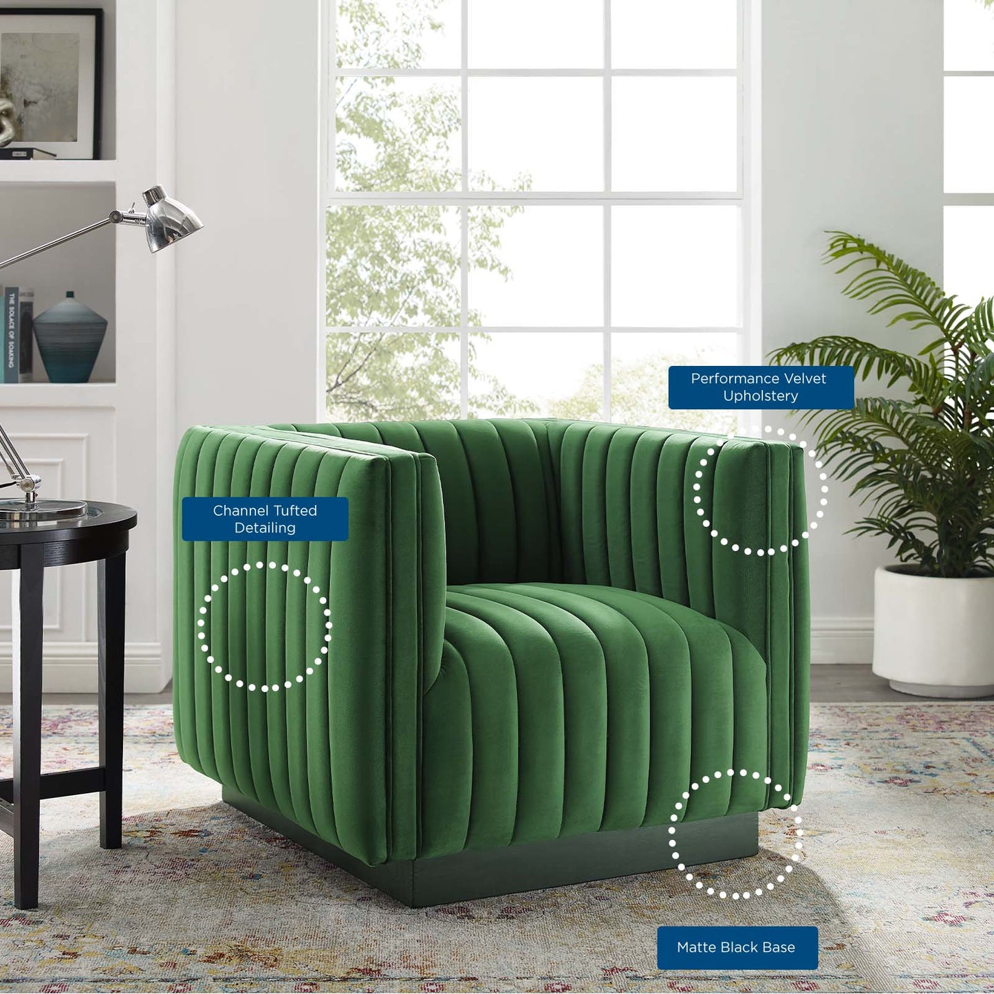 Conjure Channel Tufted Performance Velvet Accent Armchair, Velvet, Green, 18672