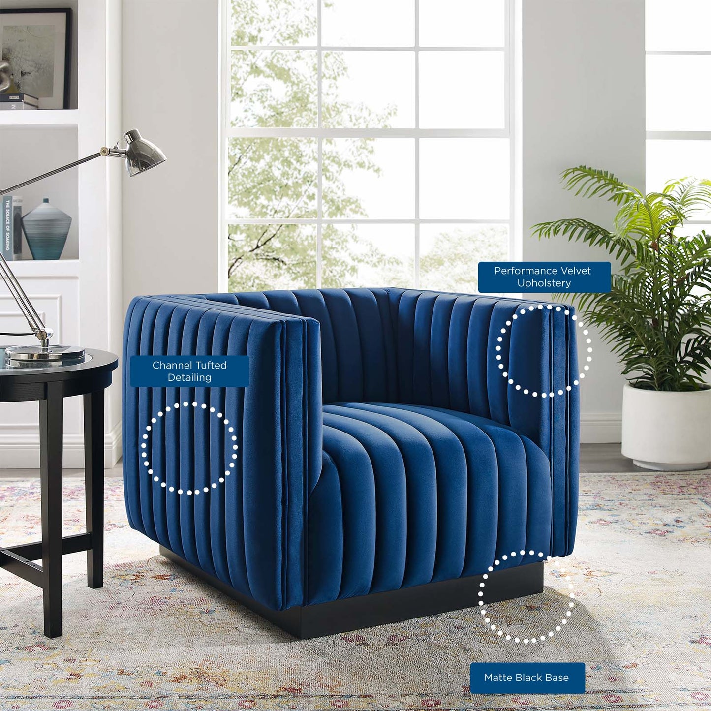Conjure Channel Tufted Performance Velvet Accent Armchair, Velvet, Blue Navy, 18674