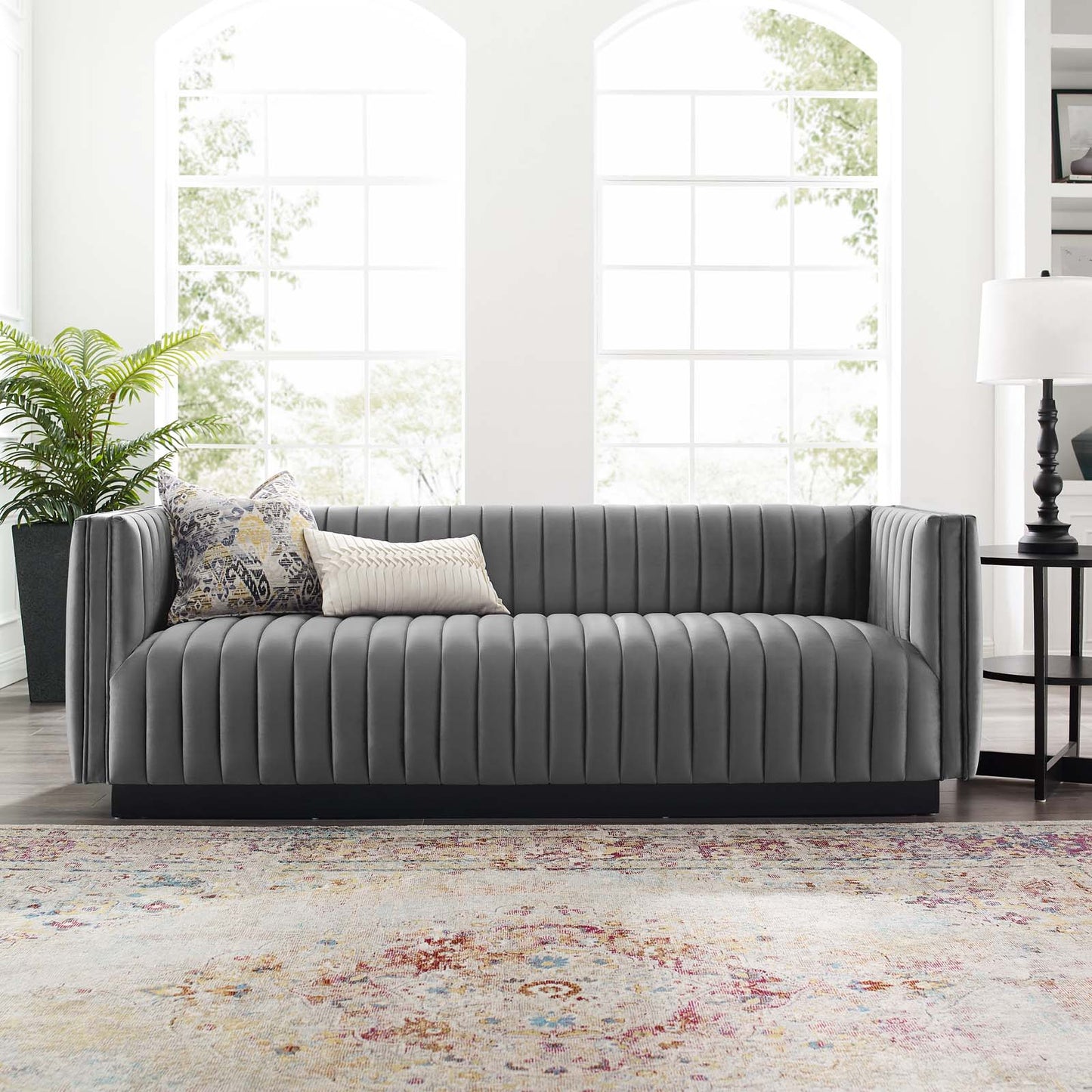 Conjure Channel Tufted Velvet Sofa, Velvet, Grey Gray, 18677