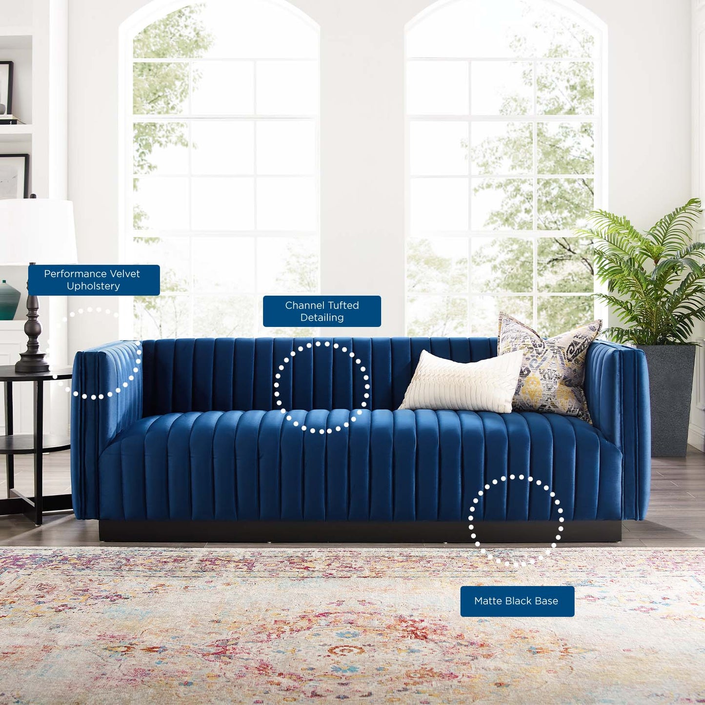 Conjure Channel Tufted Velvet Sofa, Velvet, Blue Navy, 18678