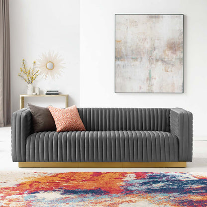 Charisma Channel Tufted Performance Velvet Living Room Sofa, Velvet, Dark Grey Gray, 18679