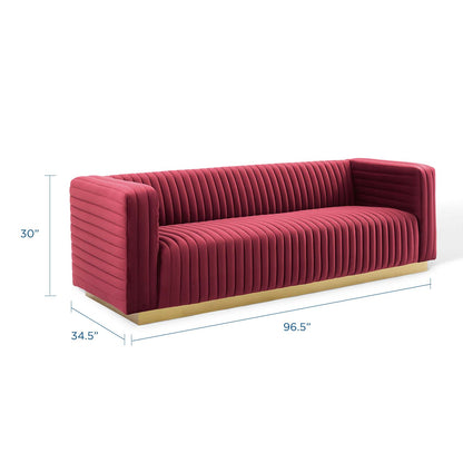 Charisma Channel Tufted Performance Velvet Living Room Sofa, Velvet, Red, 18680