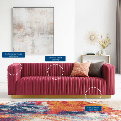 Charisma Channel Tufted Performance Velvet Living Room Sofa, Velvet, Red, 18680