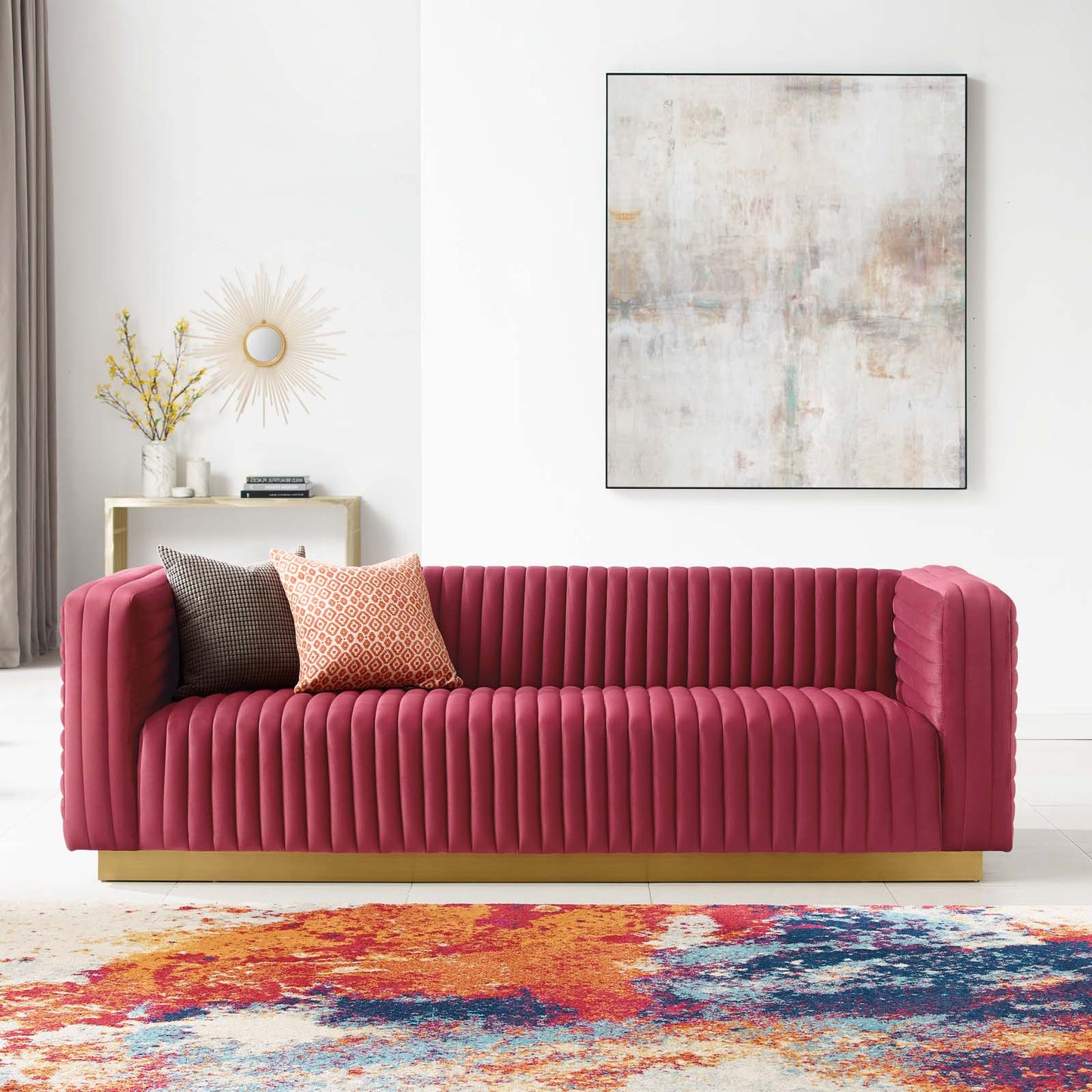 Charisma Channel Tufted Performance Velvet Living Room Sofa, Velvet, Red, 18680