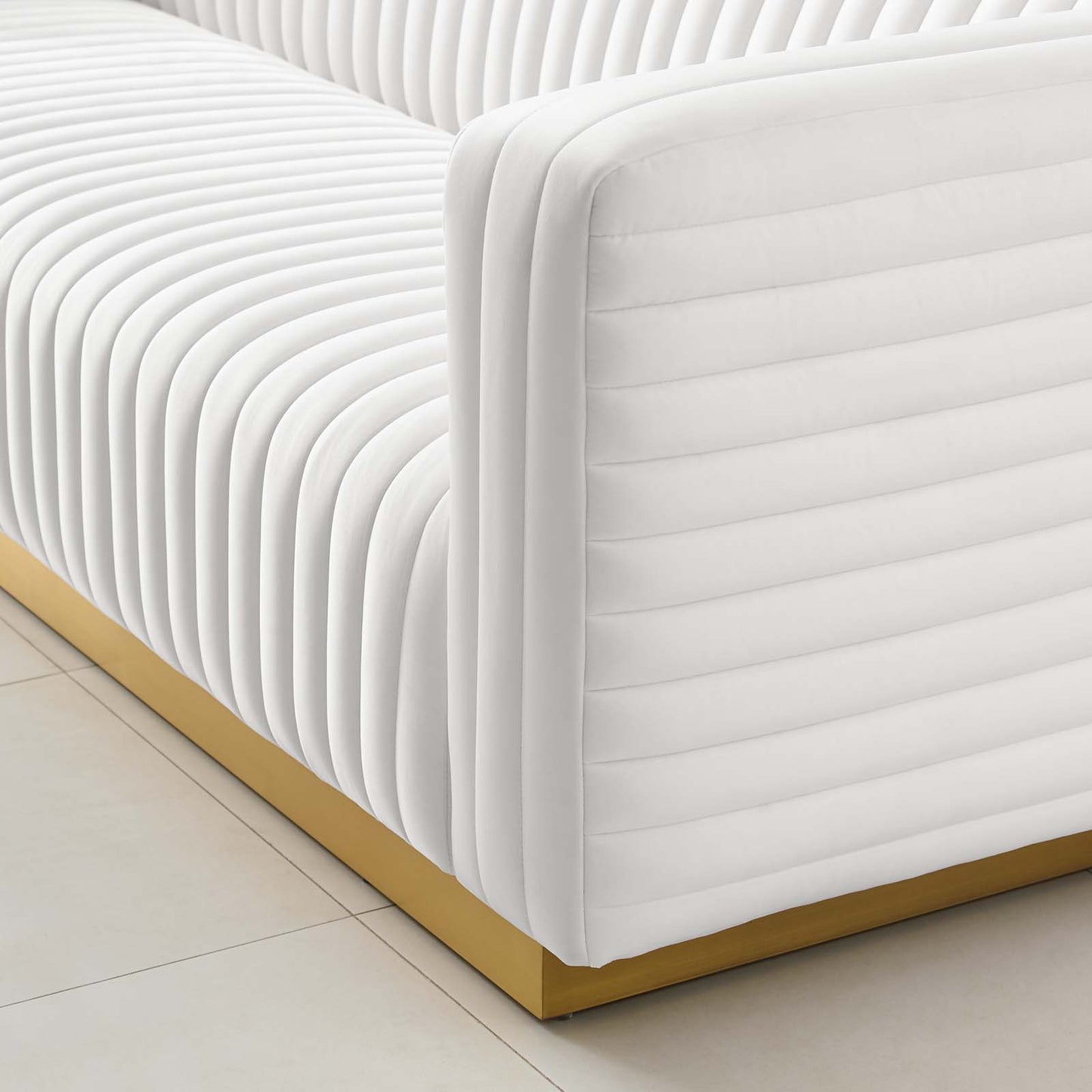 Charisma Channel Tufted Performance Velvet Living Room Sofa, Velvet, White, 18682