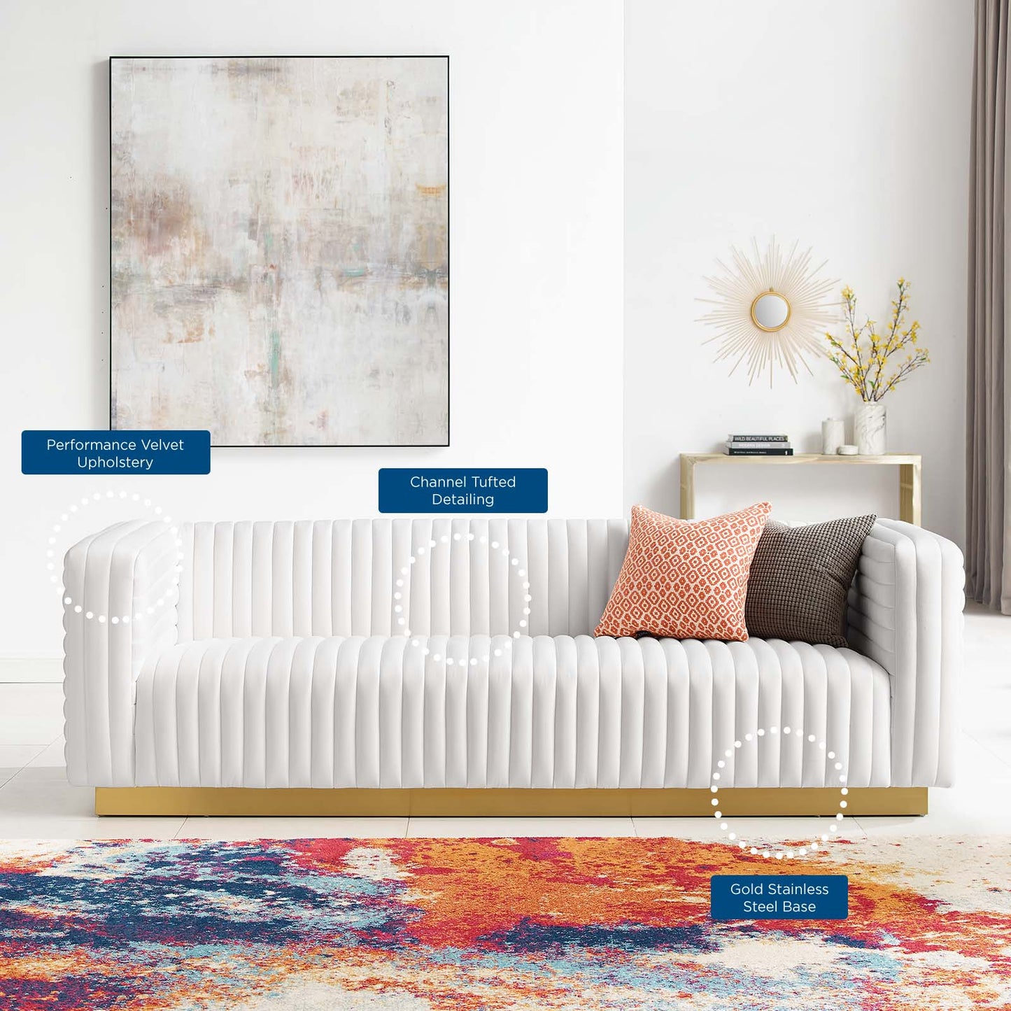 Charisma Channel Tufted Performance Velvet Living Room Sofa, Velvet, White, 18682