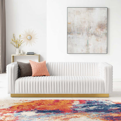 Charisma Channel Tufted Performance Velvet Living Room Sofa, Velvet, White, 18682