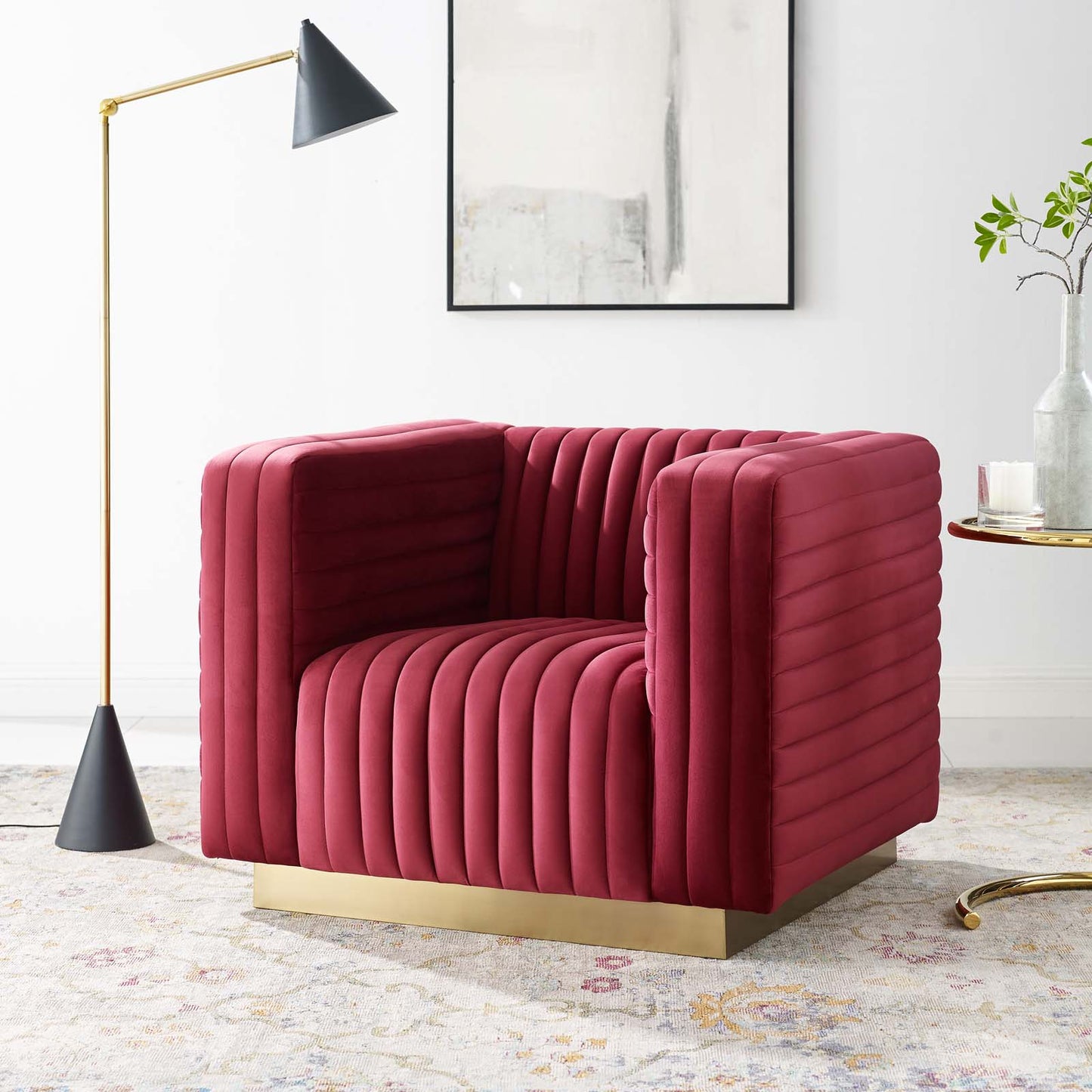 Charisma Channel Tufted Performance Velvet Accent Armchair, Velvet, Red, 18684