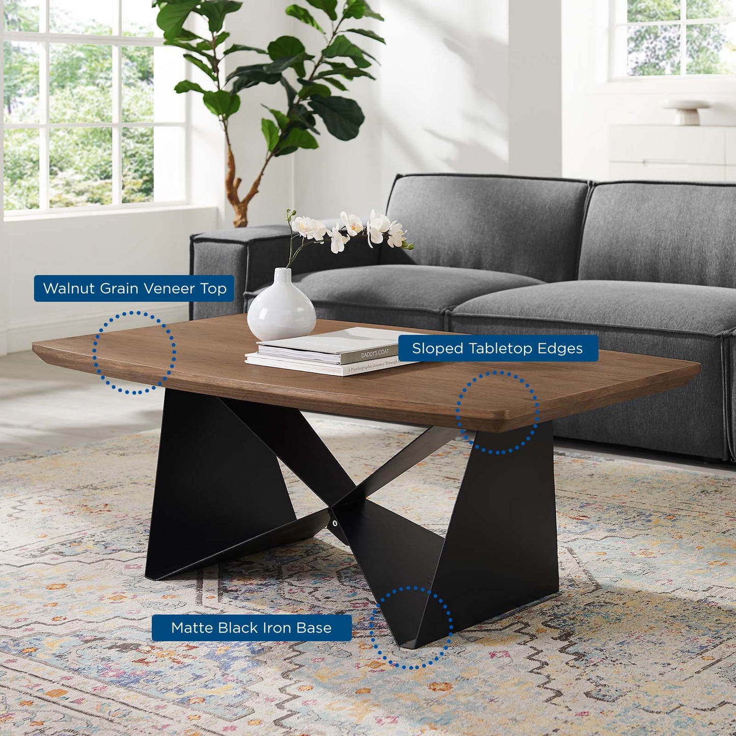 Gemini Coffee Table, Wood, Metal Steel, Brown Walnut, 18693