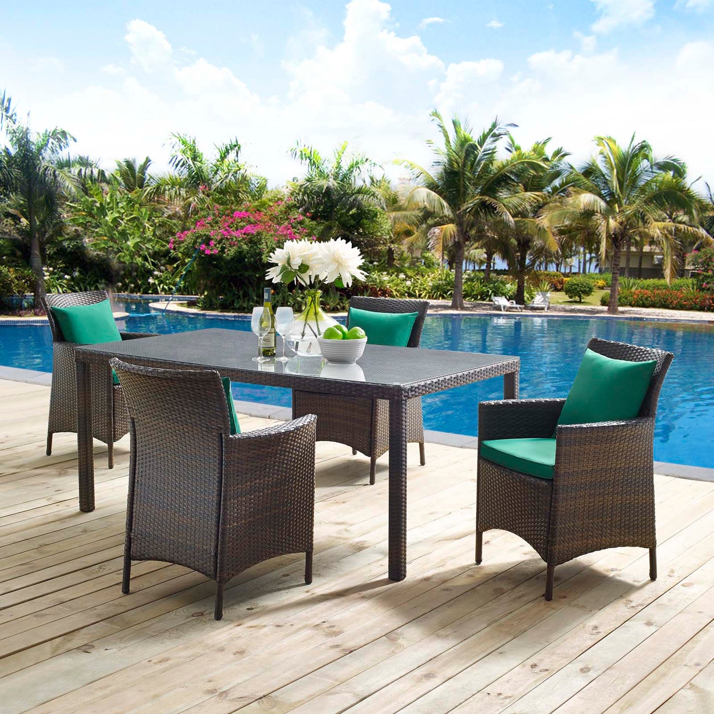 Conduit 5 Piece Outdoor Patio Wicker Rattan Set, Rattan Wicker, Brown Green, 18036