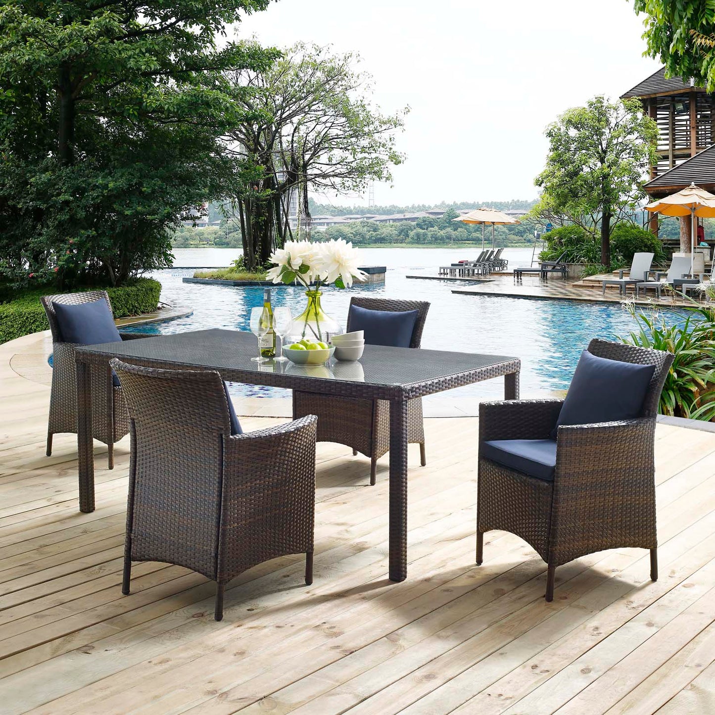 Conduit 5 Piece Outdoor Patio Wicker Rattan Set, Rattan Wicker, Brown Navy Blue, 18039
