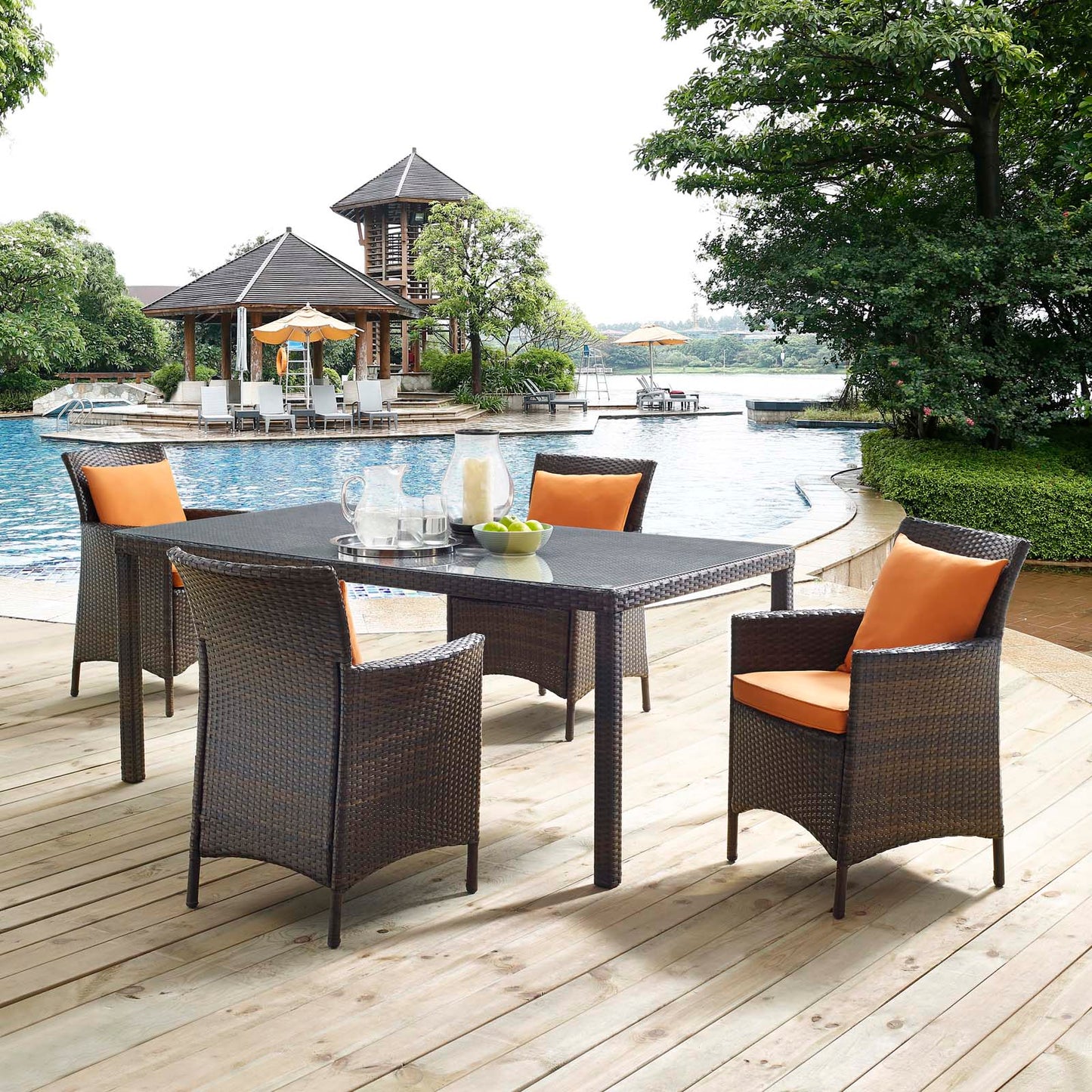 Conduit 5 Piece Outdoor Patio Wicker Rattan Set, Rattan Wicker, Brown Orange, 18040