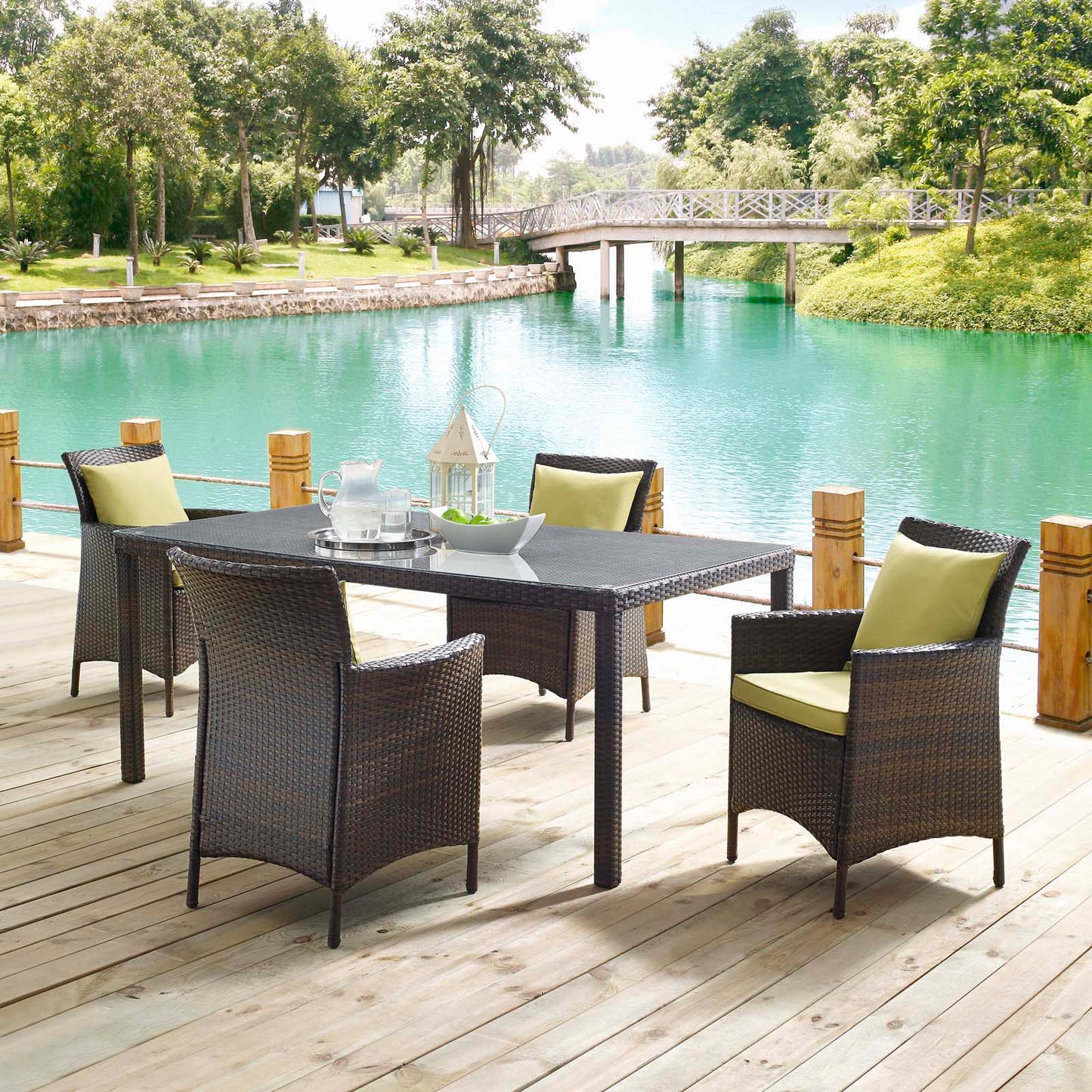 Conduit 5 Piece Outdoor Patio Wicker Rattan Set, Rattan Wicker, Brown Green, 18041