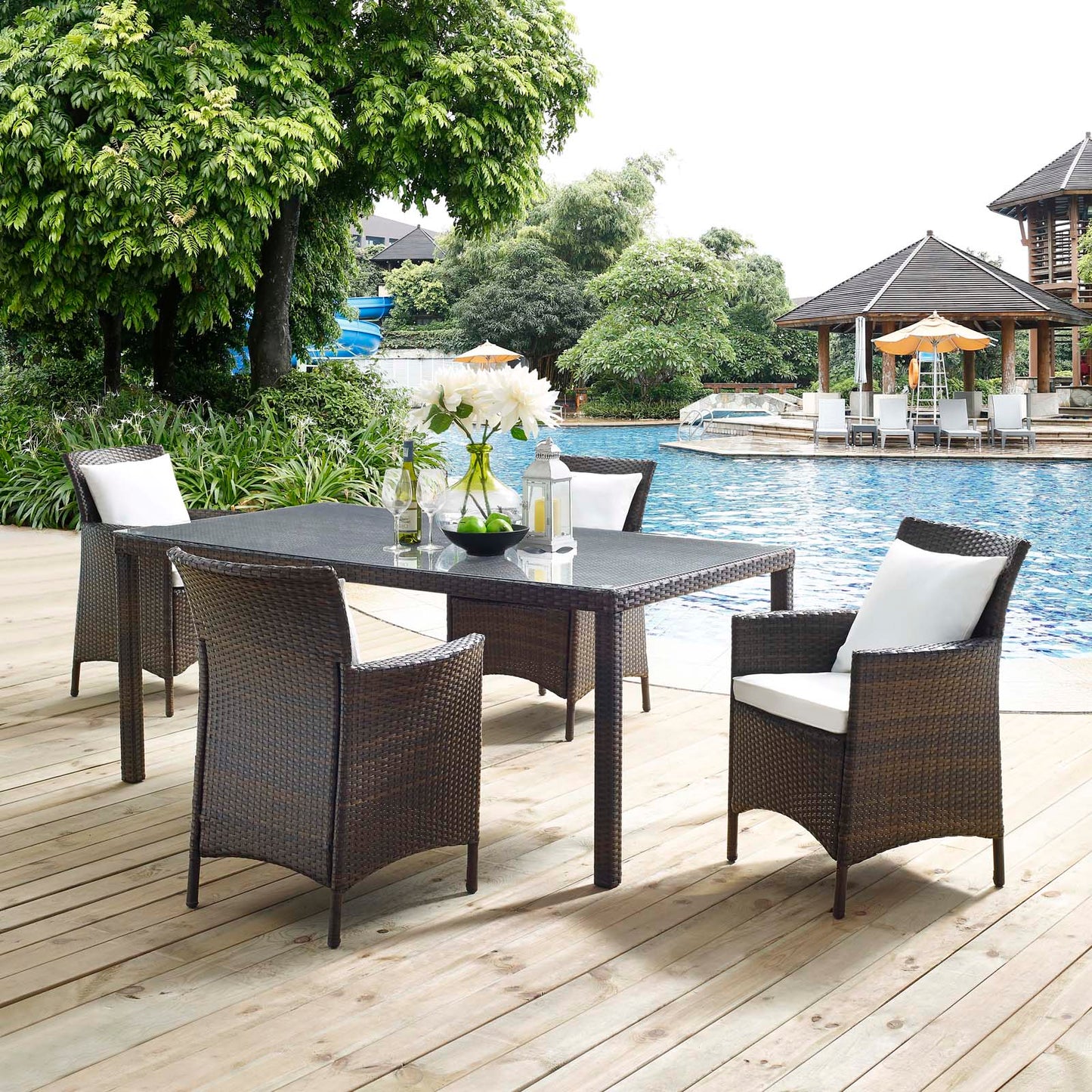 Conduit 5 Piece Outdoor Patio Wicker Rattan Set, Rattan Wicker, Brown White, 18044