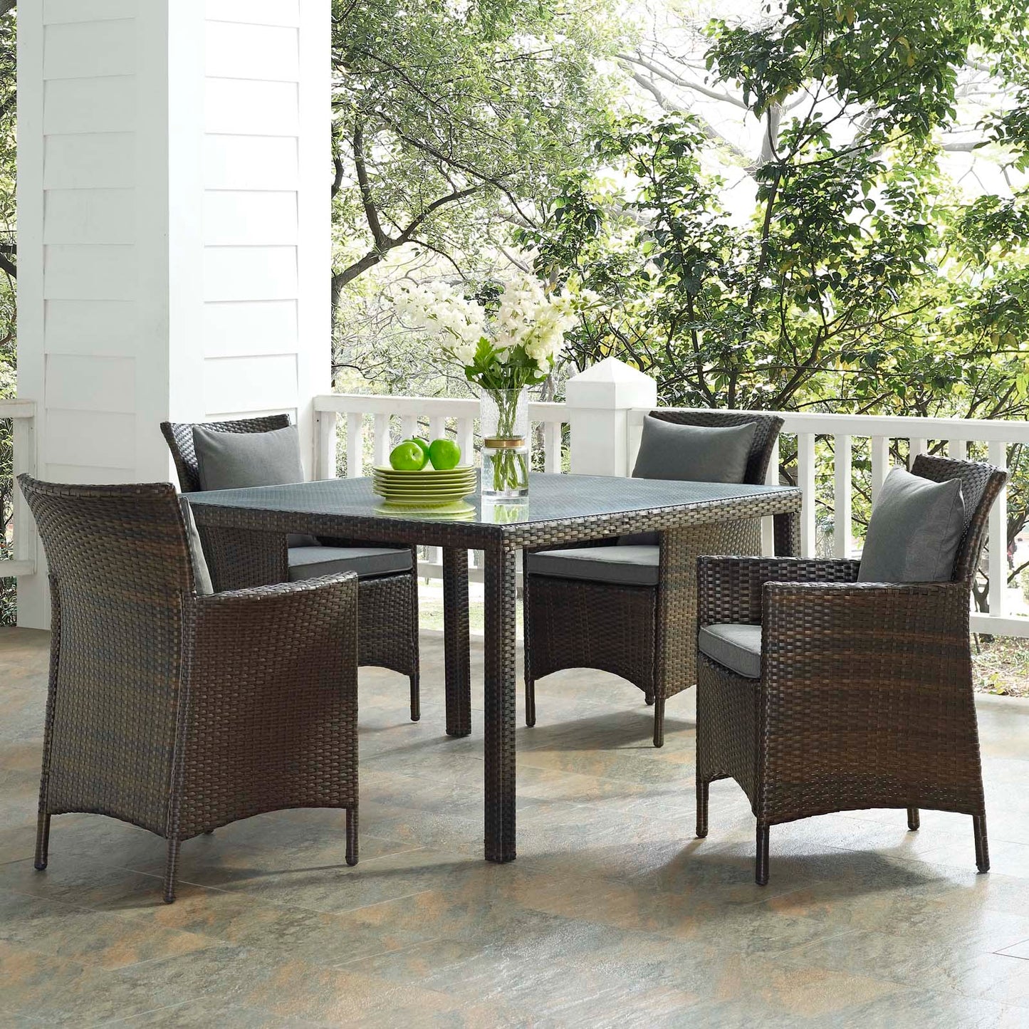Conduit 5 Piece Outdoor Patio Wicker Rattan Set, Rattan Wicker, Brown Gray Grey, 18046