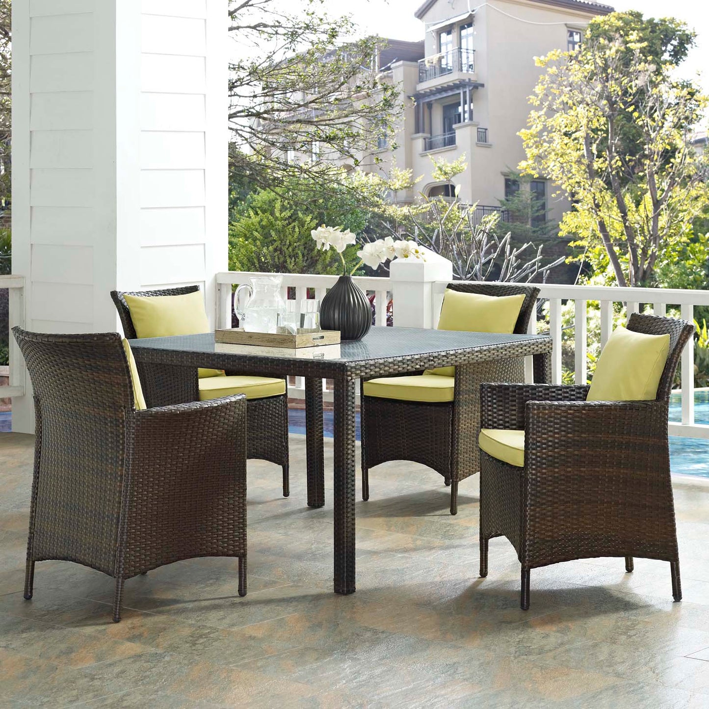 Conduit 5 Piece Outdoor Patio Wicker Rattan Set, Rattan, Wicker, Brown Green, 18694