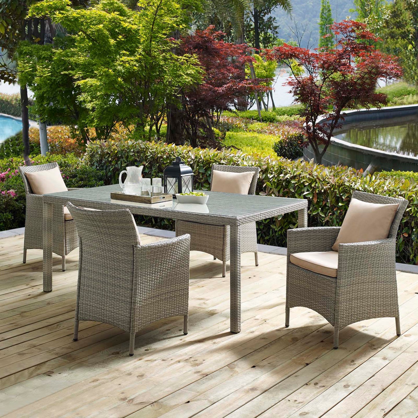 Conduit 5 Piece Outdoor Patio Wicker Rattan Dining Set, Rattan, Wicker, Light Grey Gray Beige, 18698