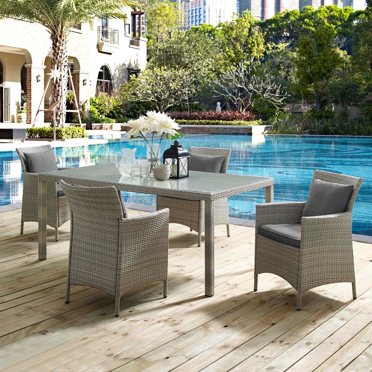 Conduit 5 Piece Outdoor Patio Wicker Rattan Dining Set, Rattan, Wicker, Grey Gray, 18699