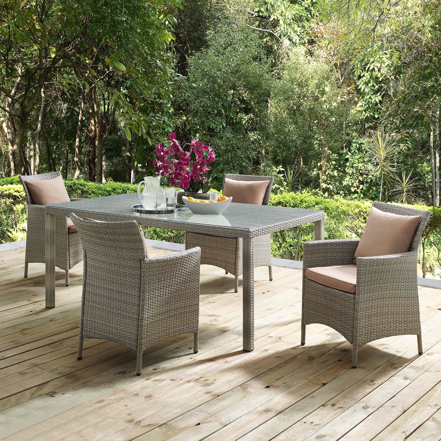 Conduit 5 Piece Outdoor Patio Wicker Rattan Dining Set, Rattan, Wicker, Light Grey Gray Brown, 18703