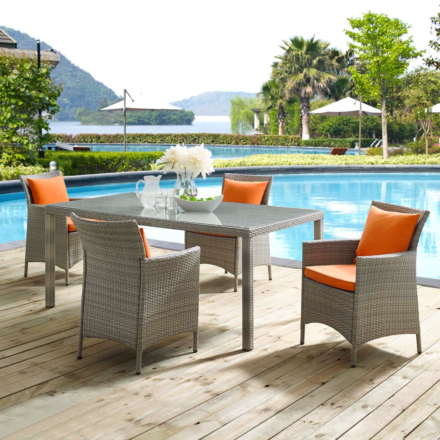 Conduit 5 Piece Outdoor Patio Wicker Rattan Dining Set, Rattan, Wicker, Light Grey Gray Orange, 18705