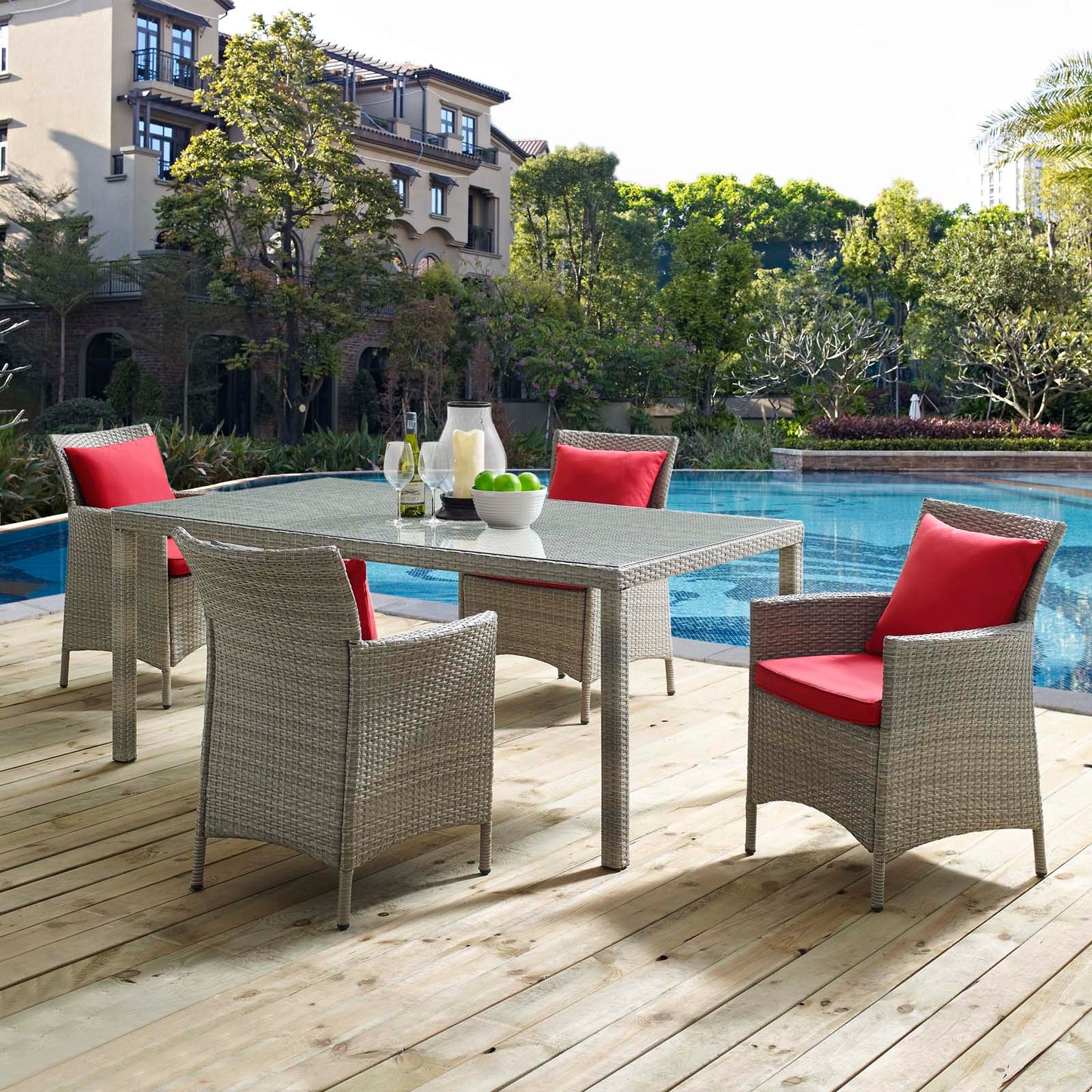 Conduit 5 Piece Outdoor Patio Wicker Rattan Dining Set, Rattan, Wicker, Light Grey Gray Red, 18707