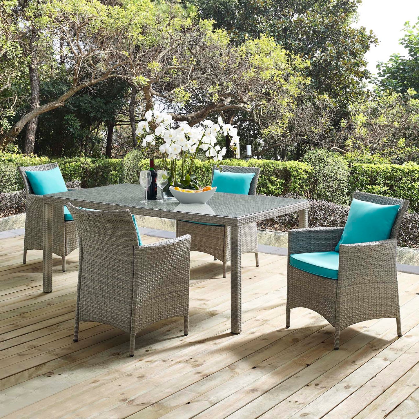 Conduit 5 Piece Outdoor Patio Wicker Rattan Dining Set, Rattan, Wicker, Light Grey Gray Blue, 18708