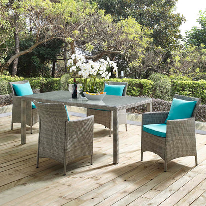 Conduit 5 Piece Outdoor Patio Wicker Rattan Dining Set, Rattan, Wicker, Light Grey Gray Blue, 18708