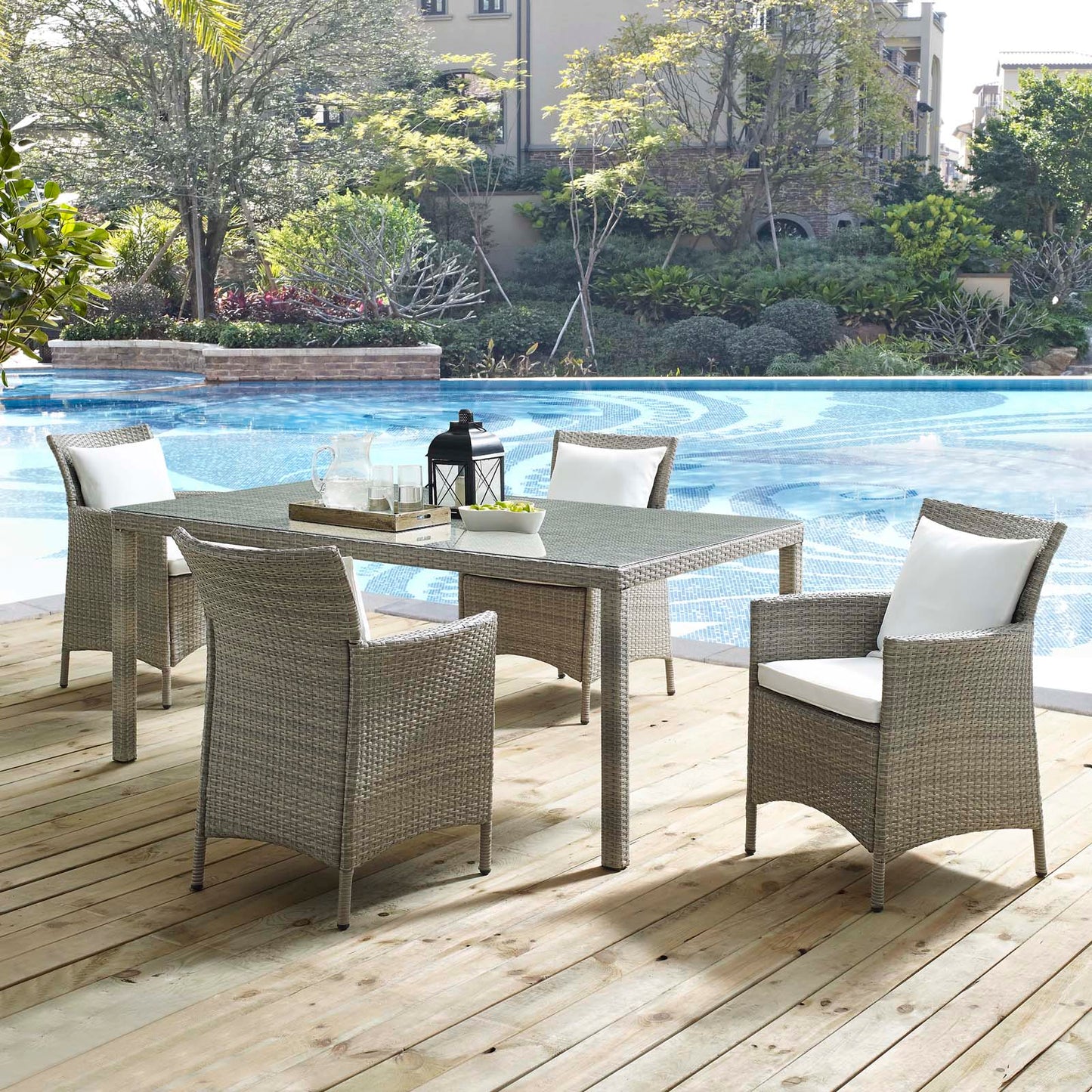 Conduit 5 Piece Outdoor Patio Wicker Rattan Dining Set, Rattan, Wicker, Light Grey Gray White, 18709