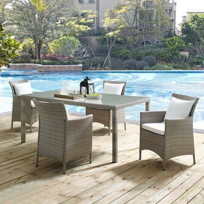 Conduit 5 Piece Outdoor Patio Wicker Rattan Dining Set, Rattan, Wicker, Light Grey Gray White, 18709