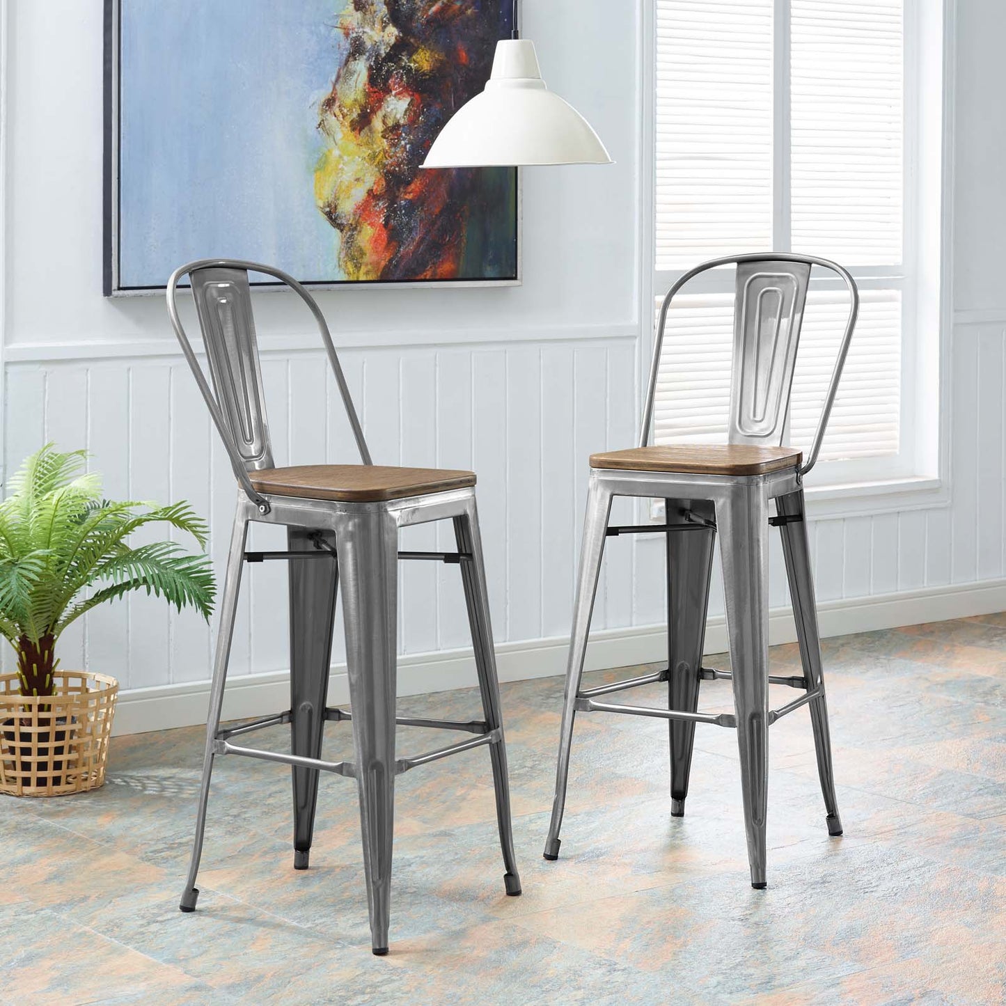Promenade Bar Stool Set of 2, Wood, Metal Steel, Gunmetal Silver, 18713