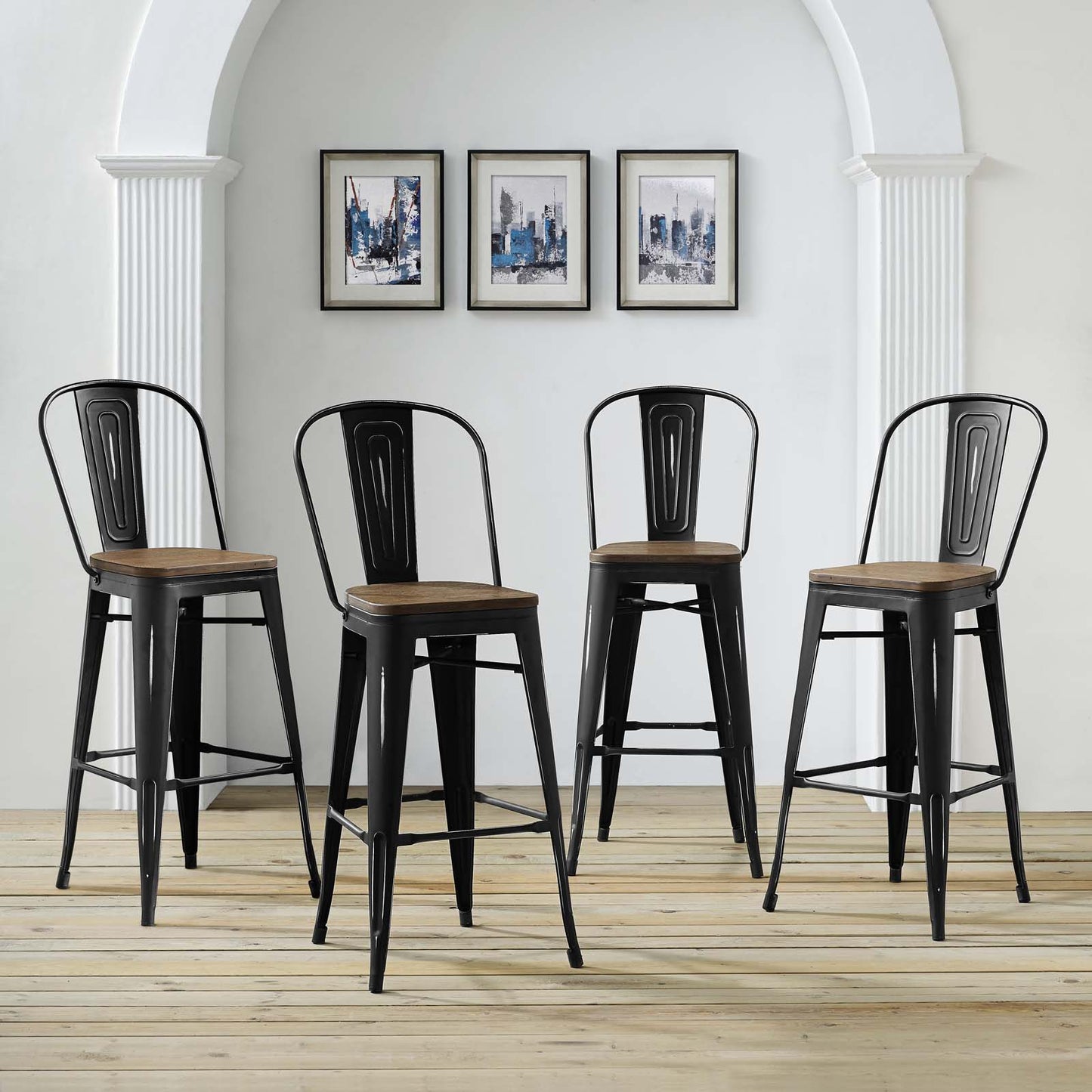 Promenade Bar Stool Set of 4, Wood, Metal Steel, Black, 18715