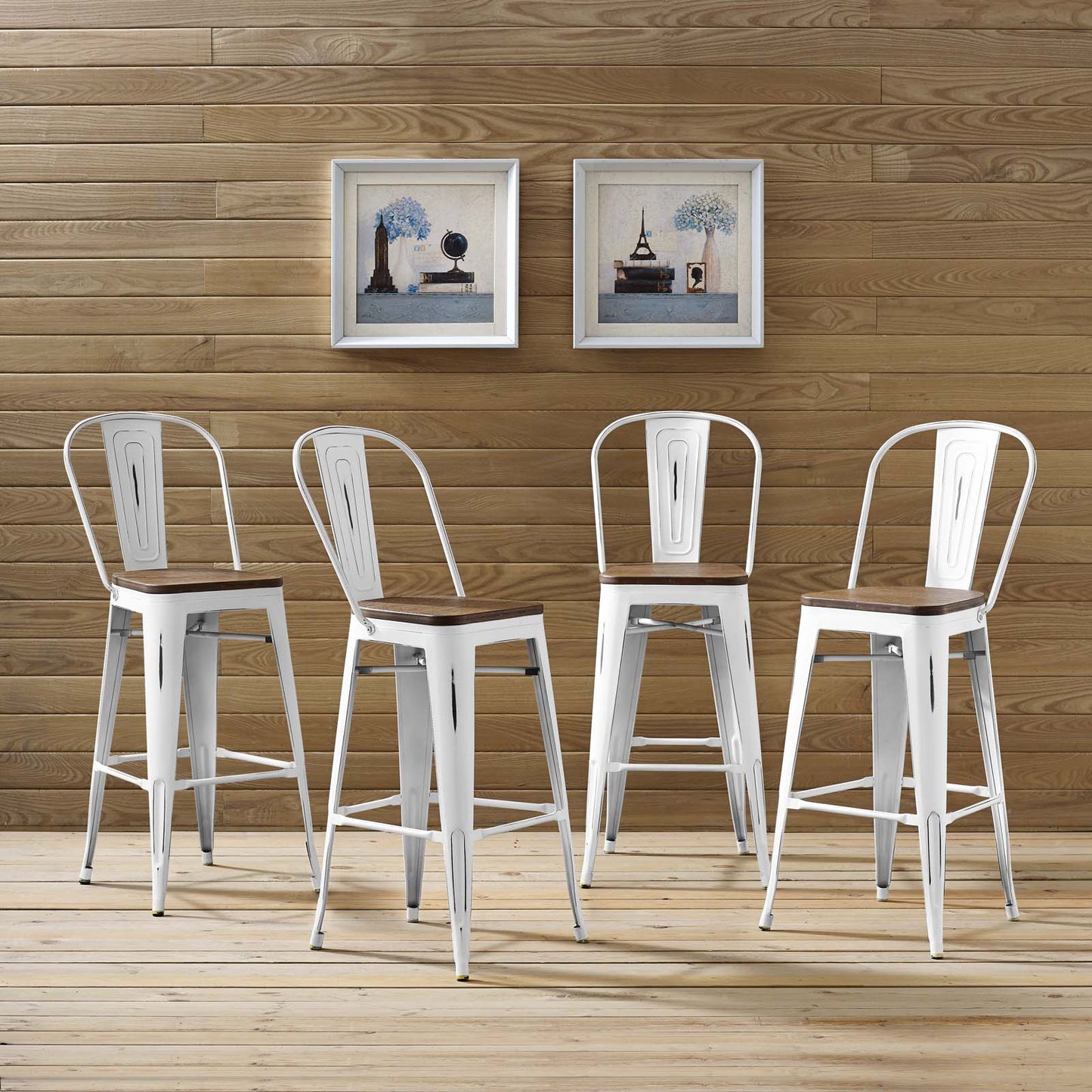 Promenade Bar Stool Set of 4, Wood, Metal Steel, White, 18718