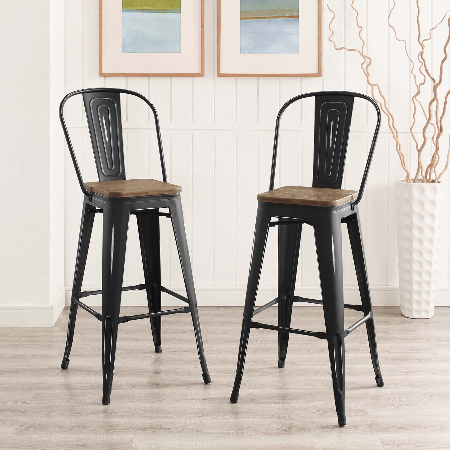 Promenade Bar Stool Metal Set of 2, Wood, Metal Steel, Black, 18722