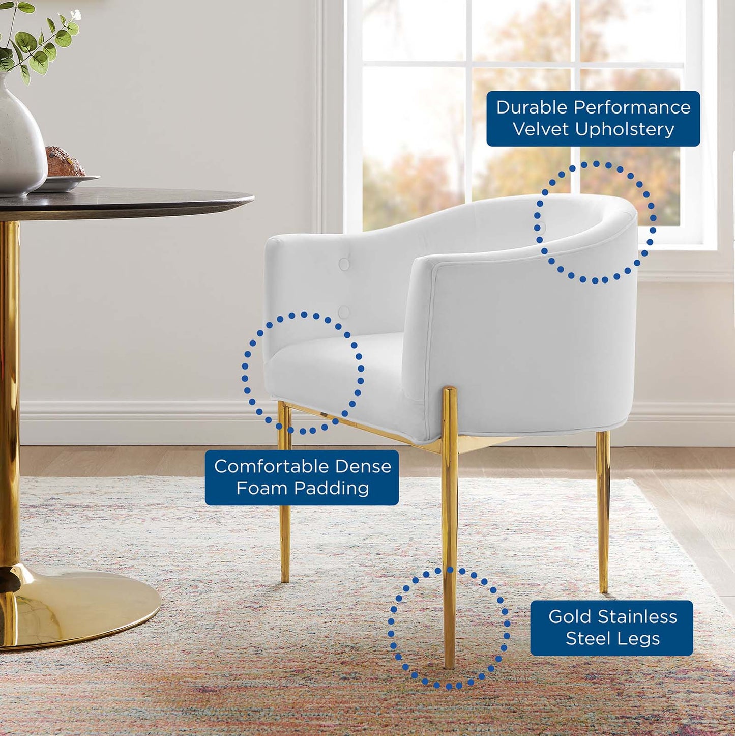 Savour Tufted Performance Velvet Accent Chair, Velvet, Metal Steel, White, 18739