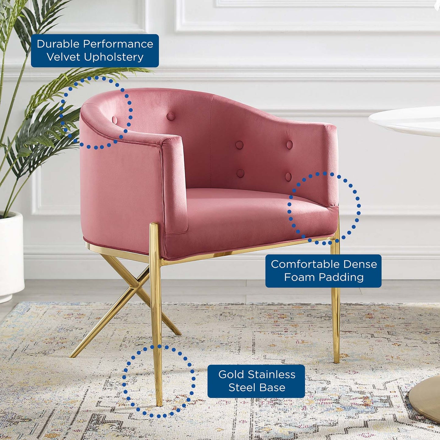 Savour Tufted Performance Velvet Accent Dining Armchair, Velvet, Metal Steel, Pink, 18741