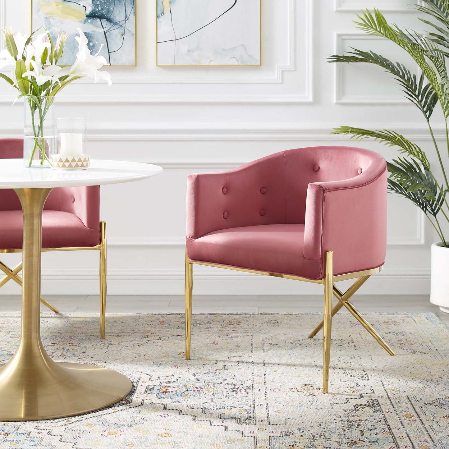 Savour Tufted Performance Velvet Accent Dining Armchair, Velvet, Metal Steel, Pink, 18741