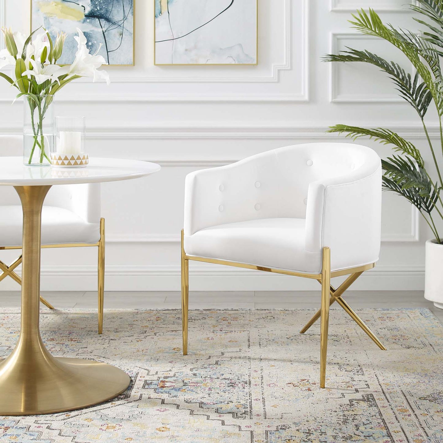 Savour Tufted Performance Velvet Accent Dining Armchair, Velvet, Metal Steel, White, 18744