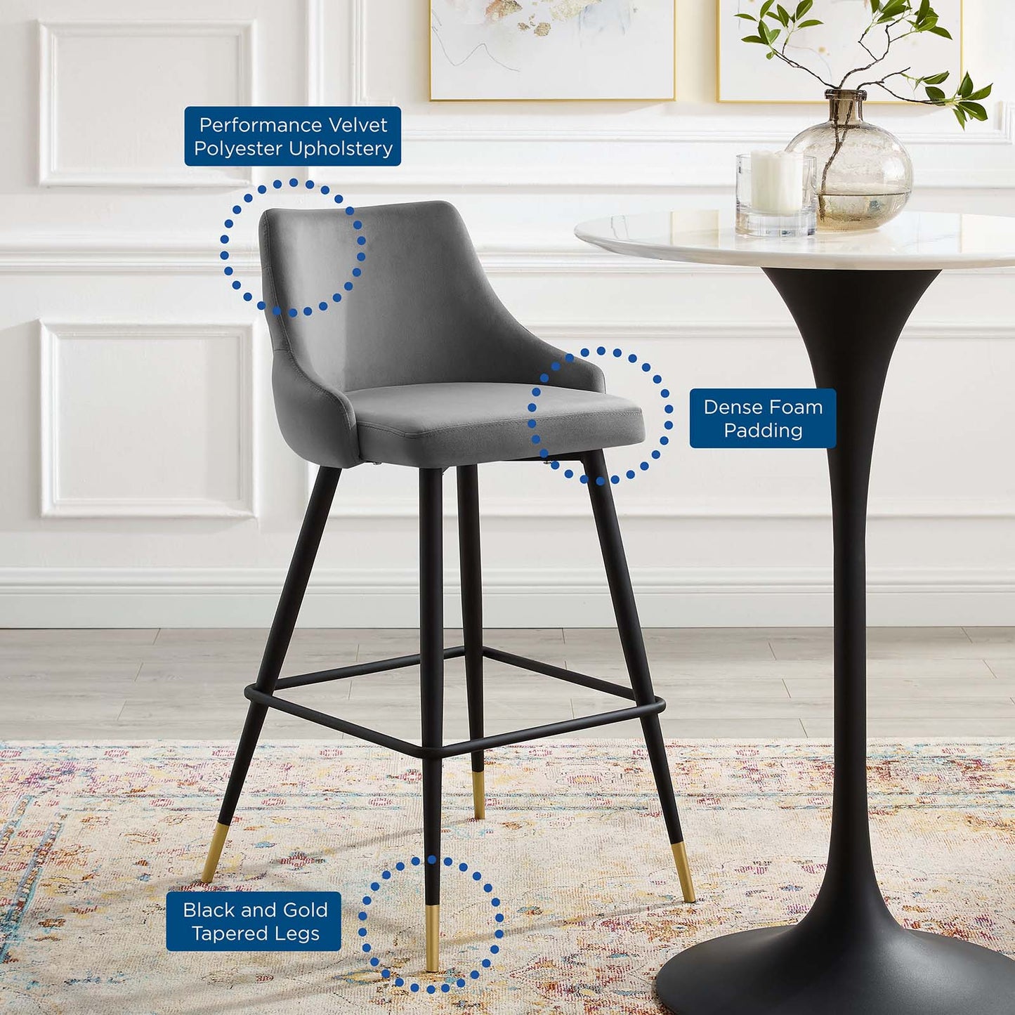 Adorn Performance Velvet Bar Stool, Velvet, Grey Gray, 23120