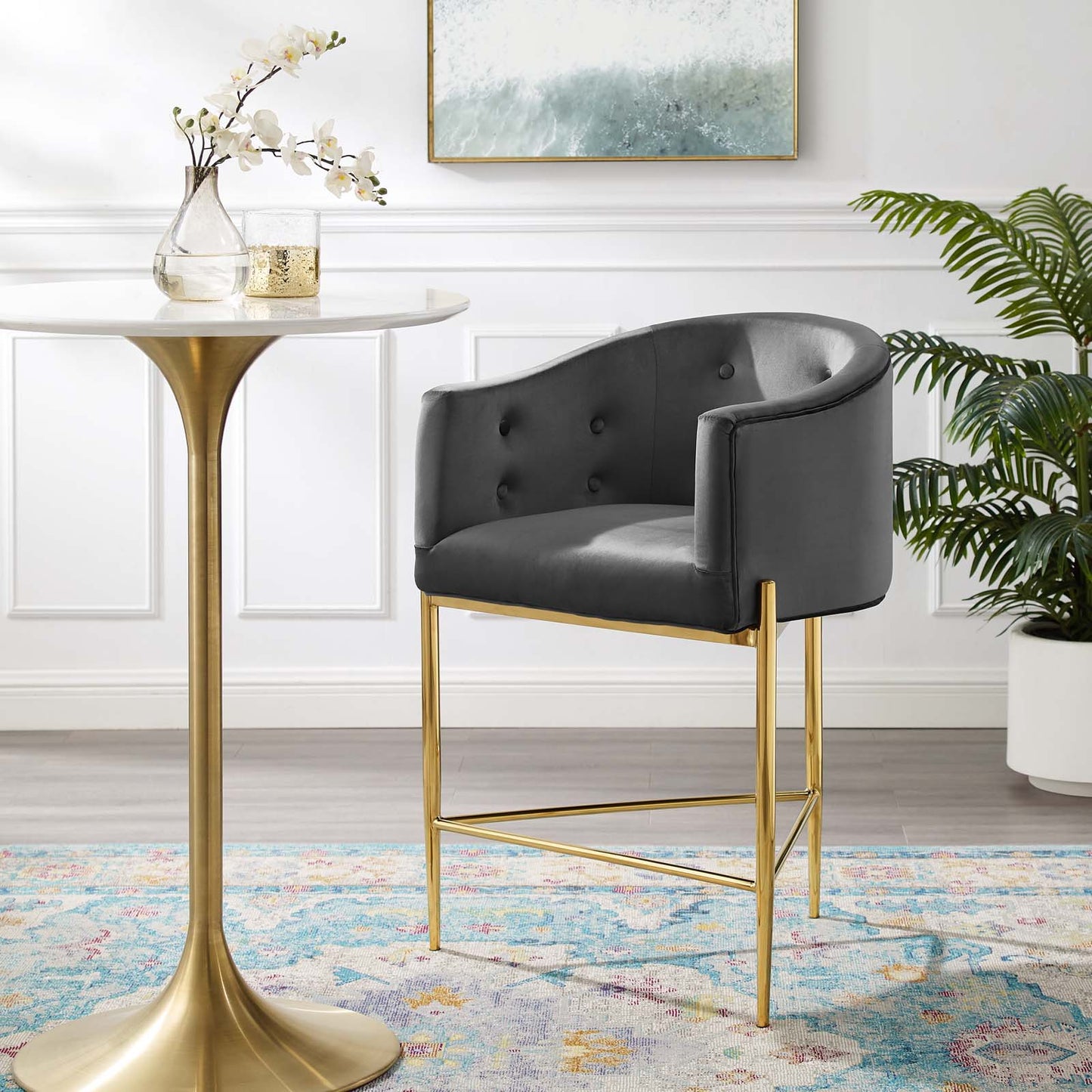 Savour Tufted Counter Stool, Velvet, Metal Steel, Dark Grey Gray, 18767