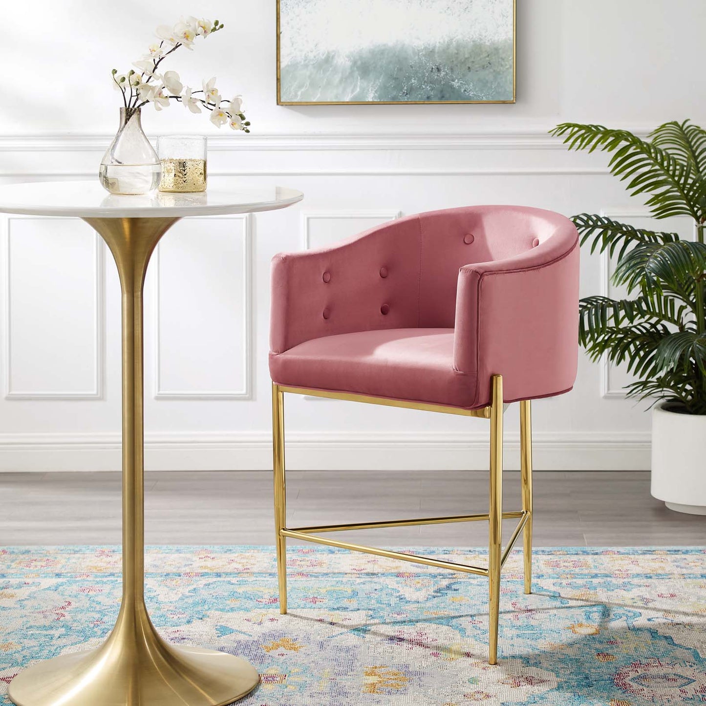 Savour Tufted Counter Stool, Velvet, Metal Steel, Pink, 18768