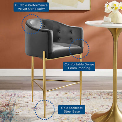 Savour Tufted Performance Velvet Bar Stool, Velvet, Metal Steel, Dark Grey Gray, 18772
