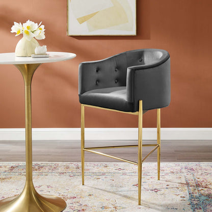 Savour Tufted Performance Velvet Bar Stool, Velvet, Metal Steel, Dark Grey Gray, 18772