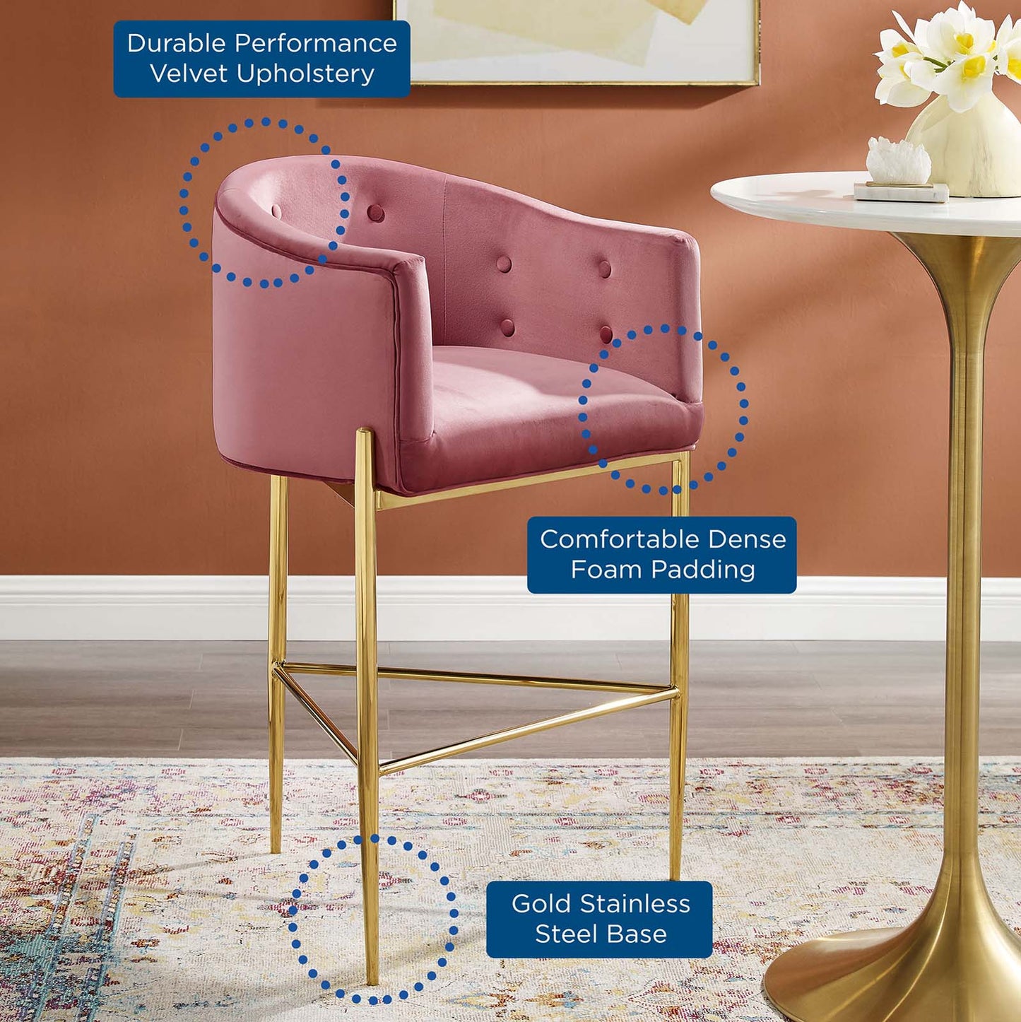 Savour Tufted Performance Velvet Bar Stool, Velvet, Metal Steel, Pink, 18773