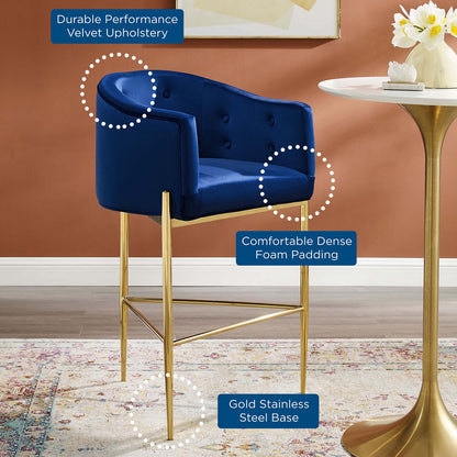 Savour Tufted Performance Velvet Bar Stool, Velvet, Metal Steel, Blue Navy, 18774