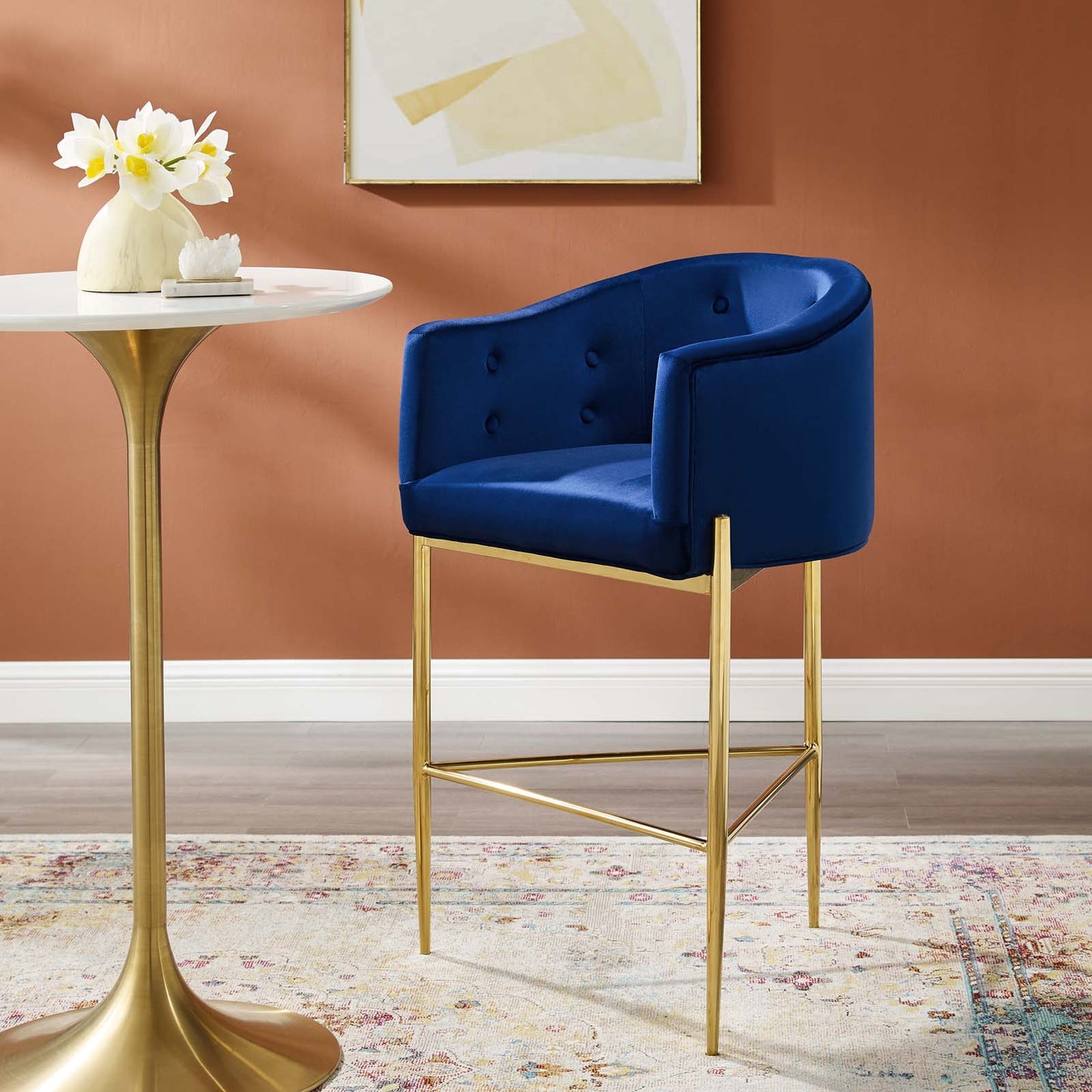 Savour Tufted Performance Velvet Bar Stool, Velvet, Metal Steel, Blue Navy, 18774