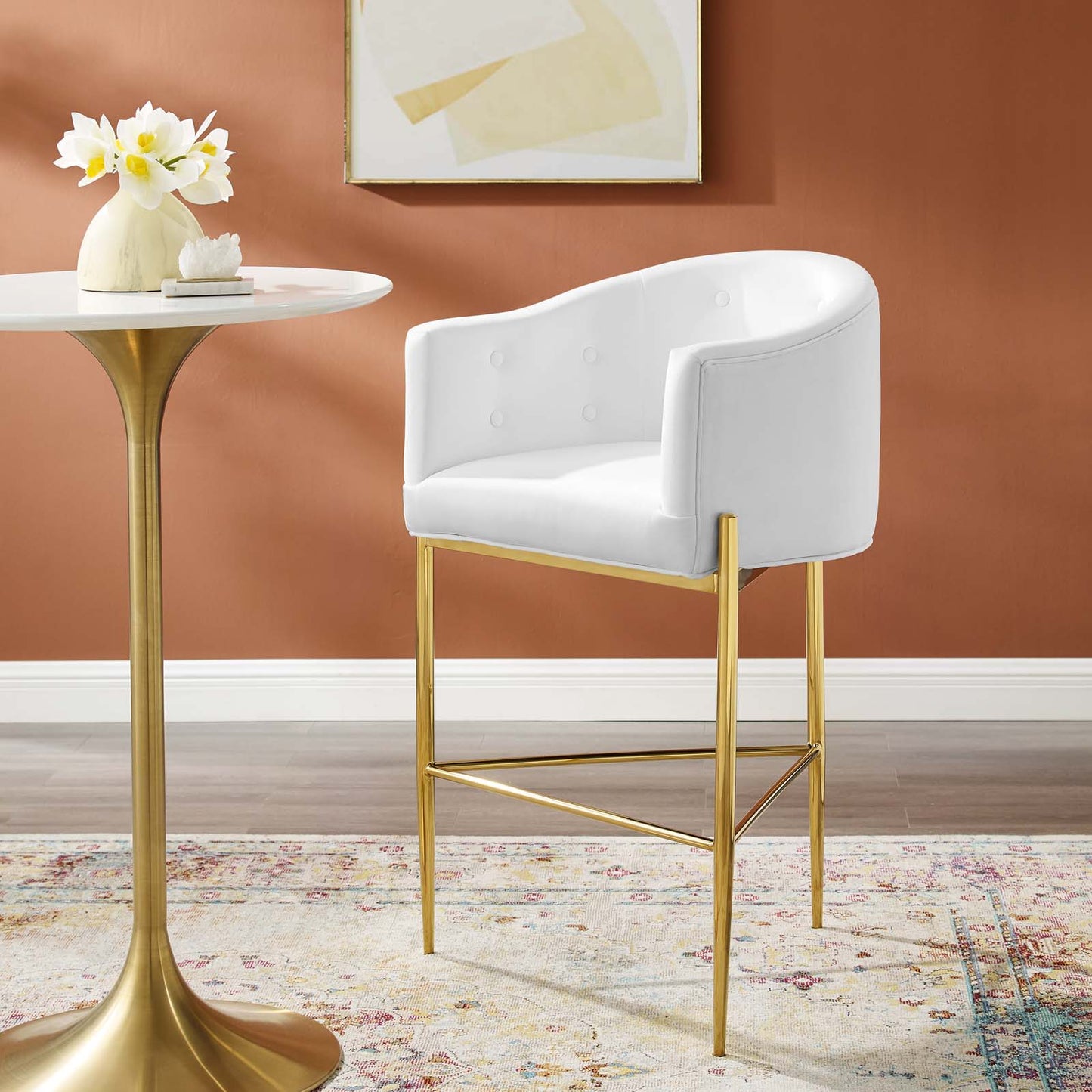 Savour Tufted Performance Velvet Bar Stool, Velvet, Metal Steel, White, 18776